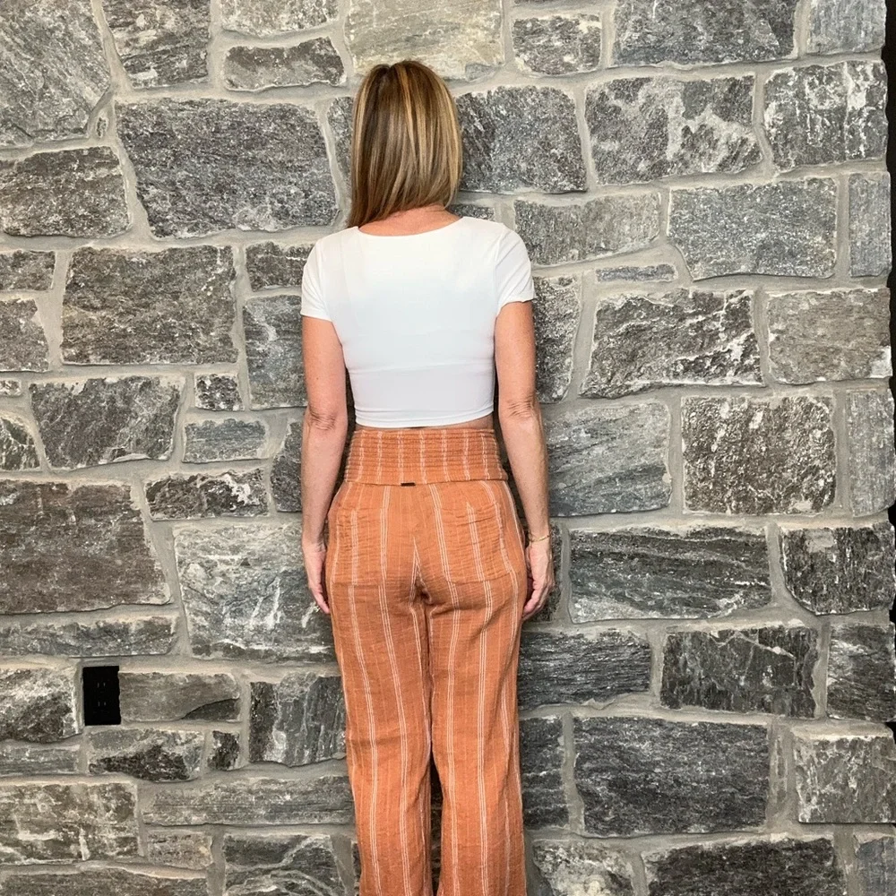 Billabong New Waves Smocked High-Waist Copper Color Striped Pants Soft & Flowing - Picture 4 of 12